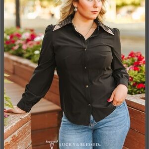 Turquoise Rhinestone Collared Button Down (Snaps)